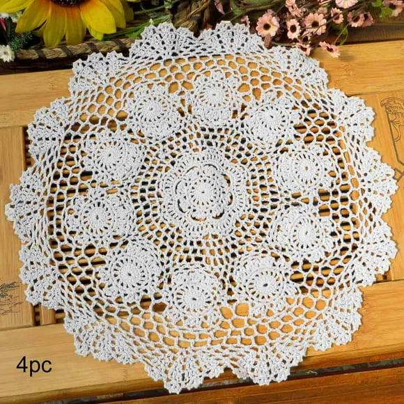 kilofly Napperons en Dentelle de Coton Crochet, Lot de 4 Pcs, Chapelet, Blanc, 15 Pouces