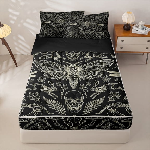 Homewish Skull Months Dragonflies Zipper Twin Comforter Sets with Fitted Sheet and 2 Pillowcases,Grunge Damask Zipper Bedding Set,Halloween Bed Set,Black Reversible,4pcs