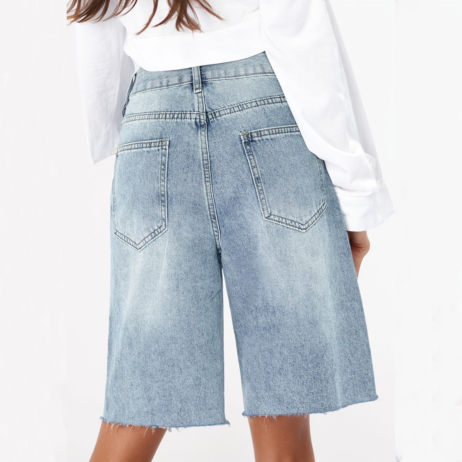 【KOOLOSET】Washed Maxi Bermuda Denim Denim Shorts for Women Bermuda with Pockets Mid Rise Casual