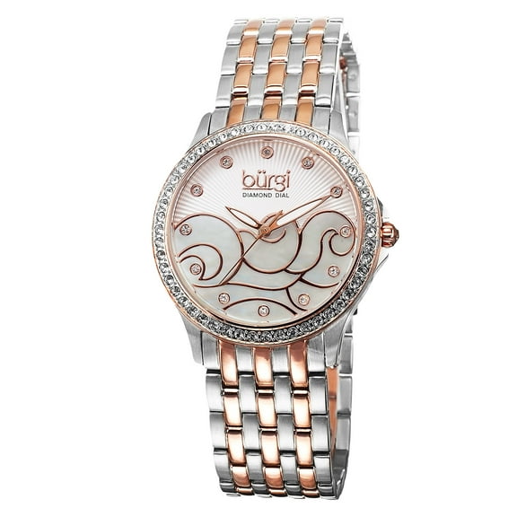 Burgi Women's Swiss Quartz Diamond Wave Dial Two-Tone Bracelet Watch