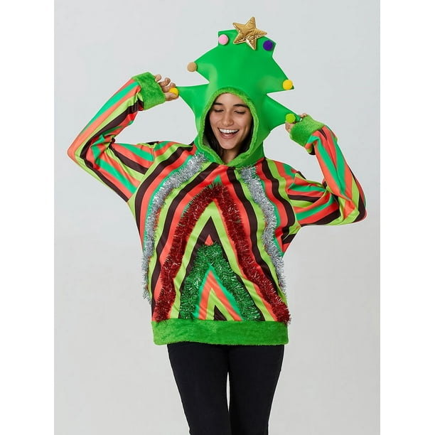 Sudadera con capucha navideña para hombre y mujer, sudadera con capucha de árbol de manga larga, disfraz de cosplay de color en contraste