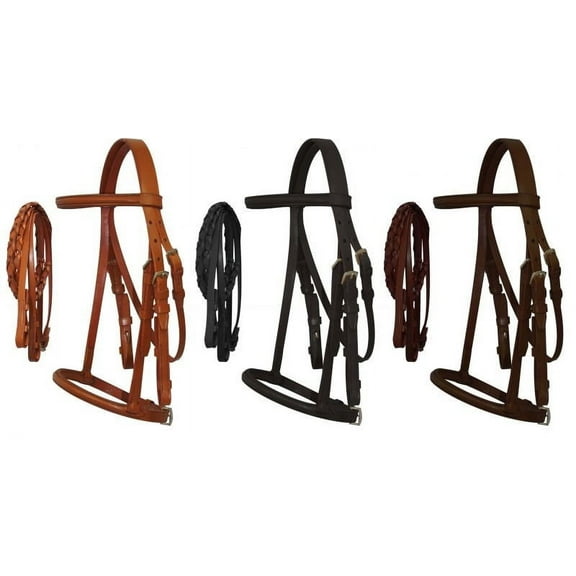 Horse Size English Headstall w/ Raised Browband & Braided Leather Reins (Black)