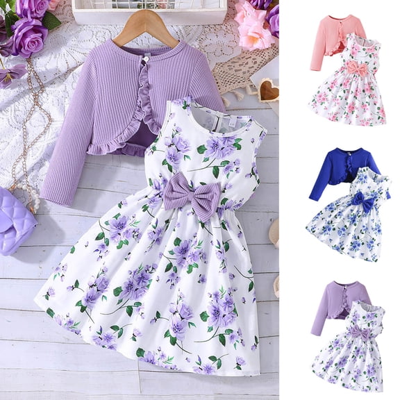 Cowsor Girls Spring 2 Piece Outfit 2 to 10 Years Solid Knit Cardigan Floral Cami Dress Set Casual Playwear for School Outdoor Activities Toddler Kids
