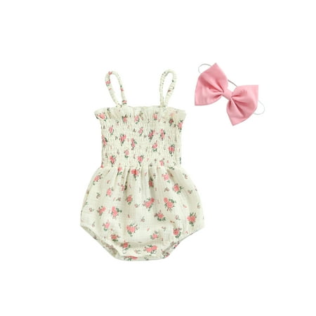 

MissiMae 2 Pcs Newborn Casual Outfits Baby Girls Smocked Floral Print Boat Neck Spaghetti Strap Bodysuit + Bow Headband