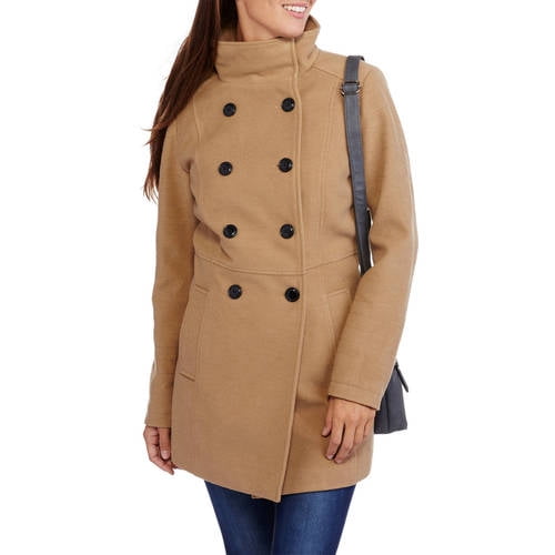 Women's Faux Wool Double-Breasted Peacoat with Stand Collar - Walmart.com