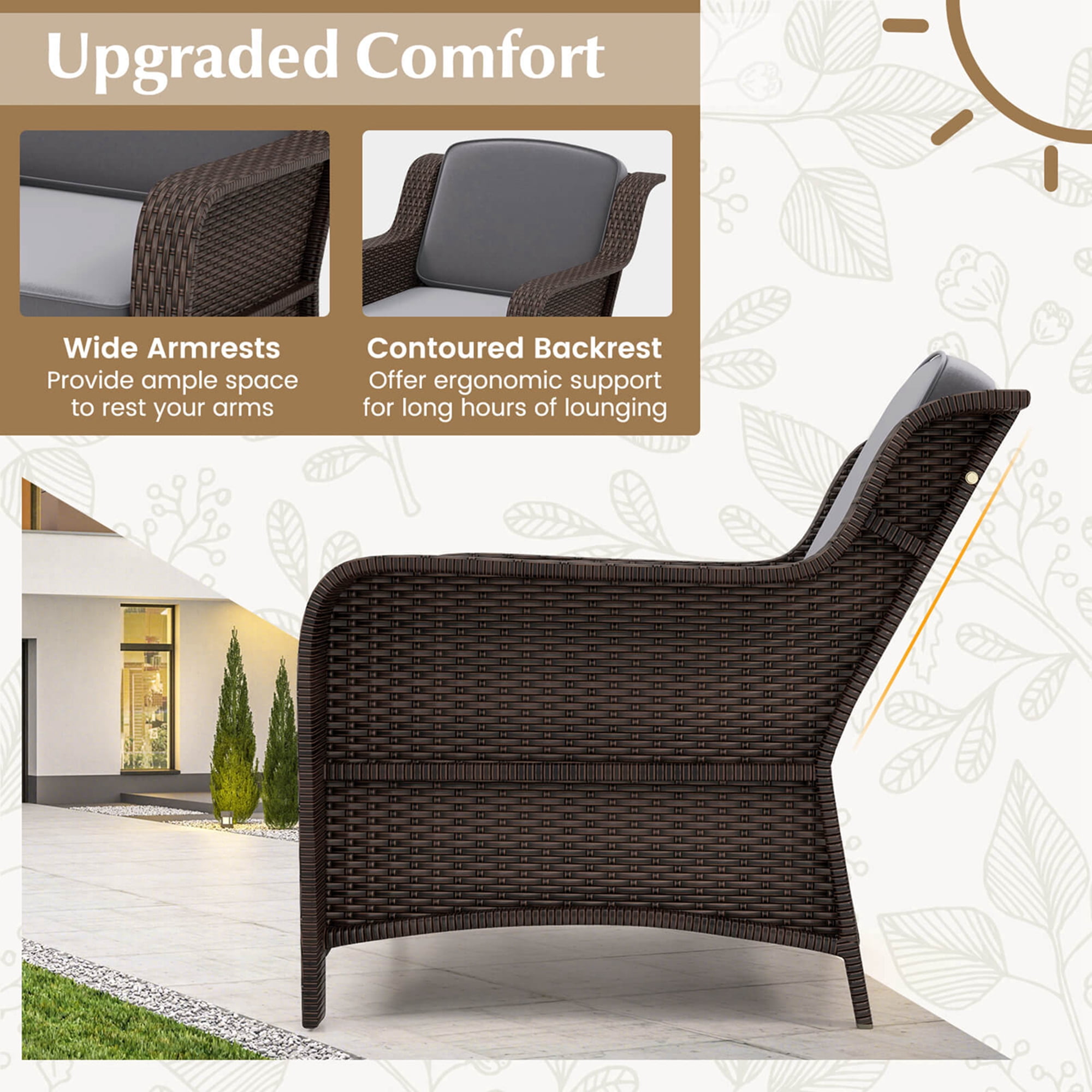 Costway 3 PCS Outdoor Patio Furniture Set with Cushions and Tempered Glass Coffee Table