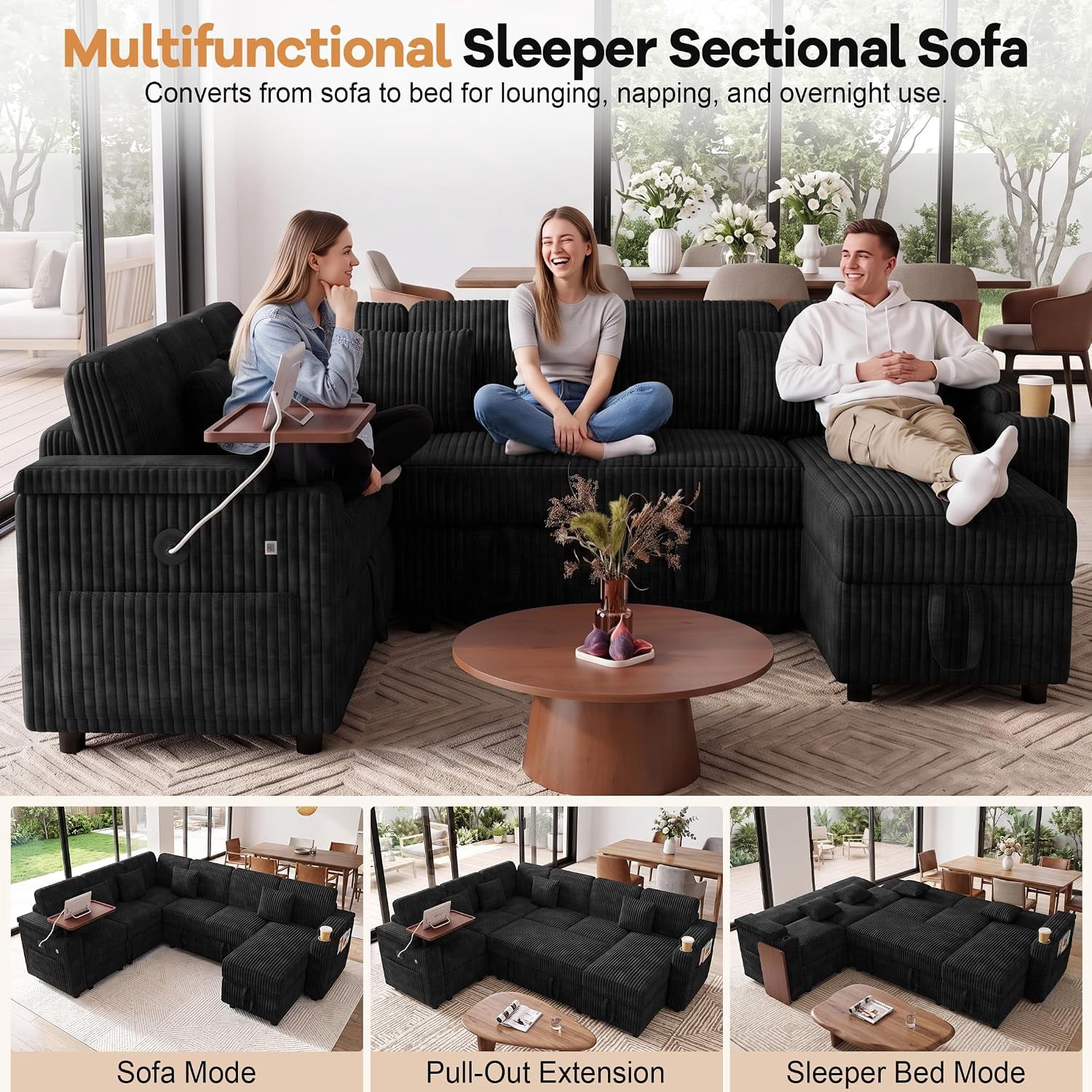 Howcool 100" Oversized Sleeper Sectional Sofa with Pull-Out Bed,U-Shape Corduroy Modular Sofa Couch with USB Ports & Storage,Black
