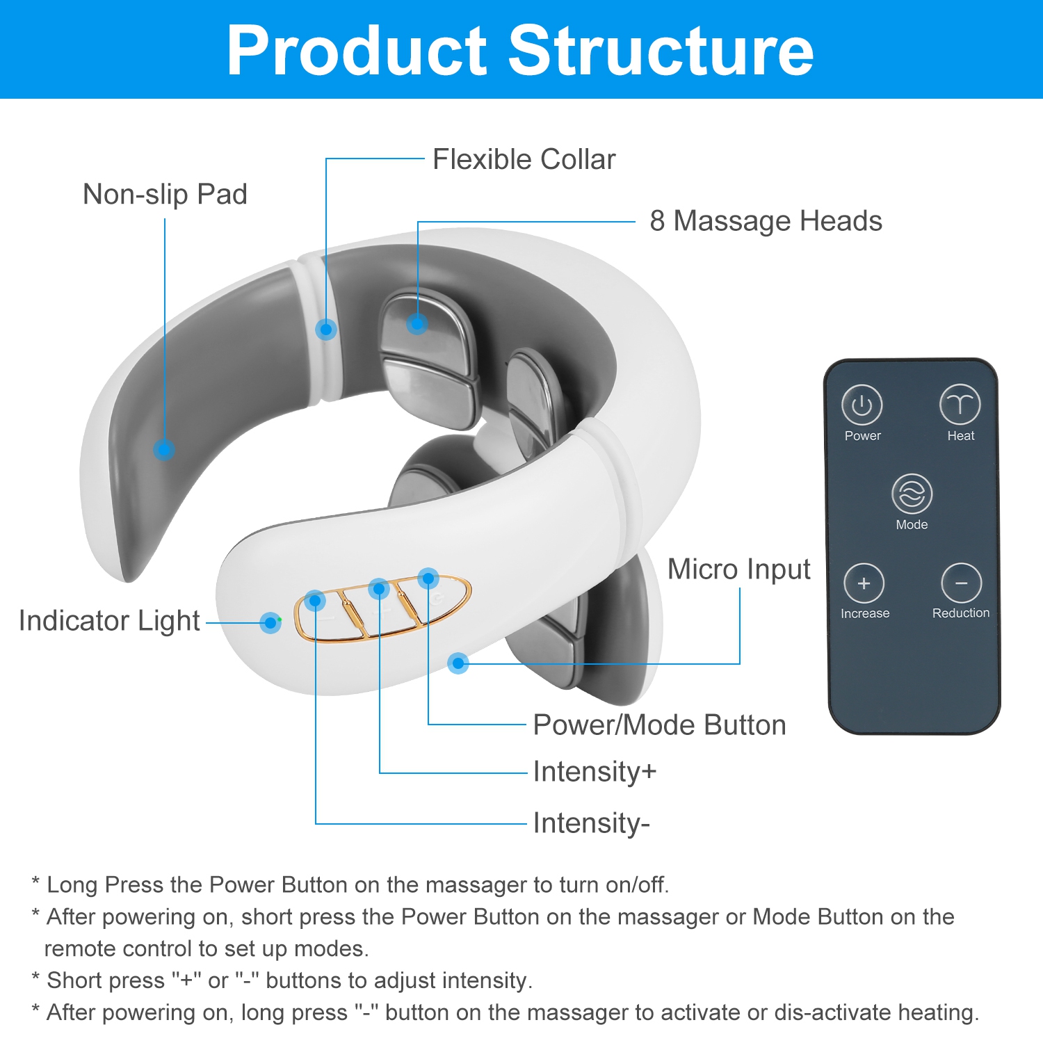 Imountek 8 Head Heated Neck Massager, 6 Modes 15 Intensity Levels EMS Neck Massager with Remote Control, White