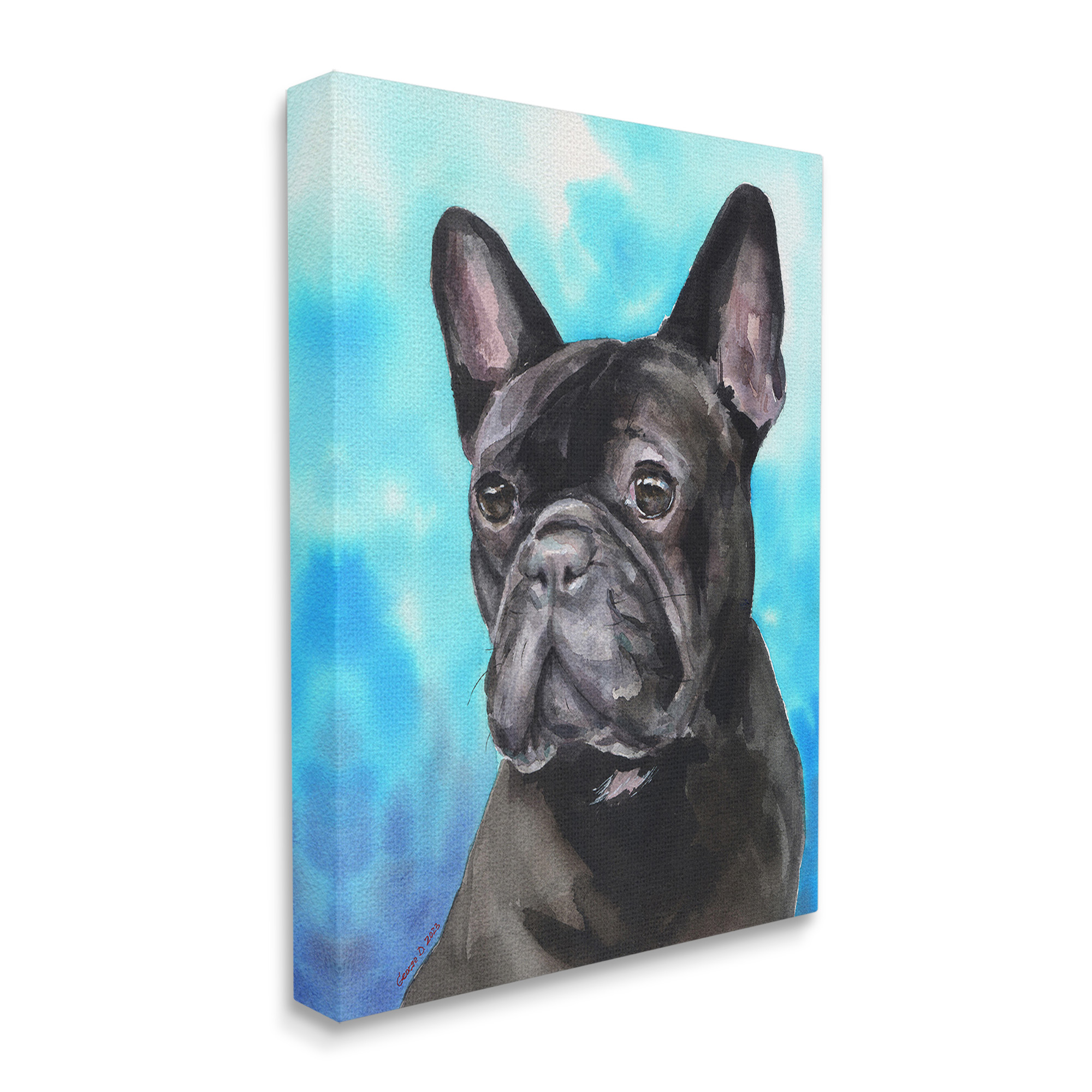 Stupell Industries French Bulldog on Blue Animals & Insects Painting Gallery Wrapped Canvas Art Print Wall Art, 30 x 40