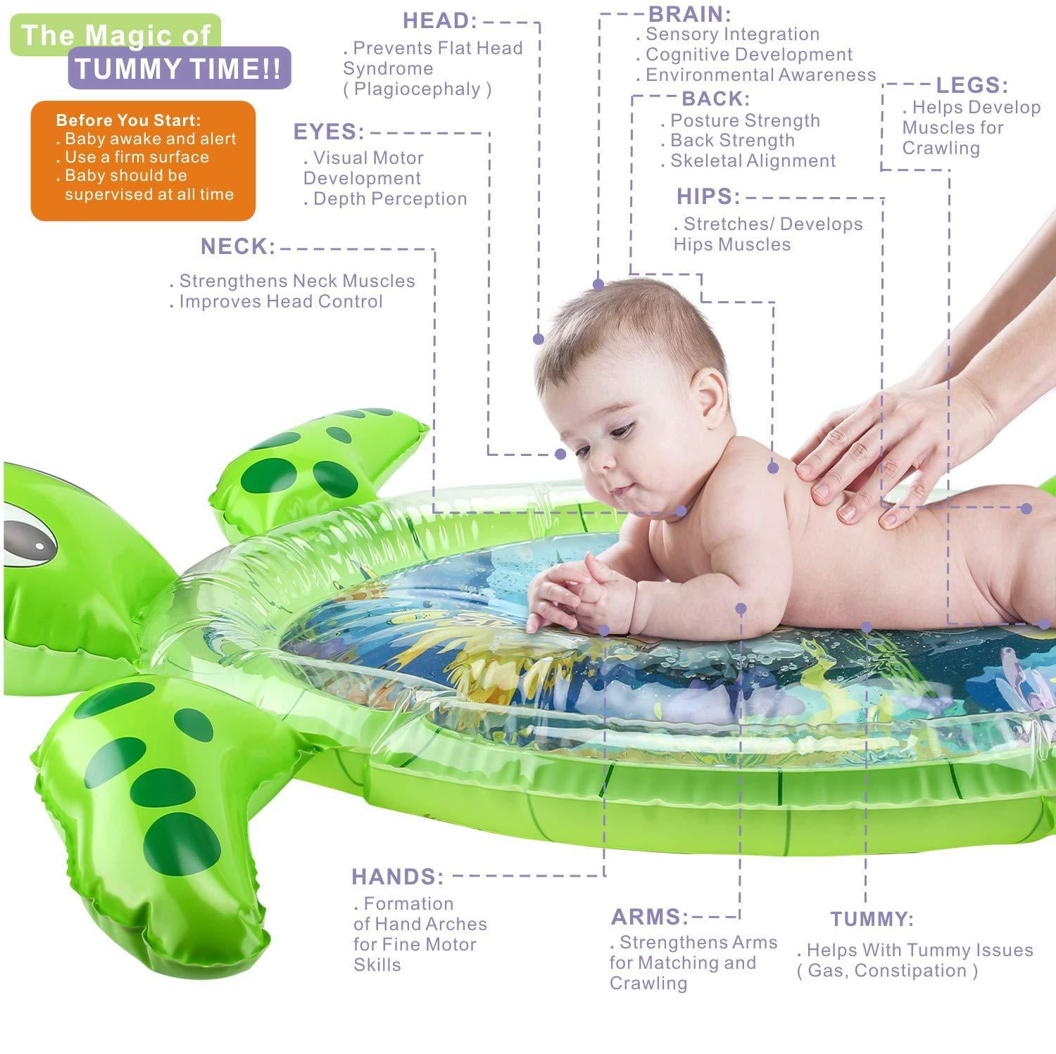 Boomdio Tummy Time Baby Water Mat Turtle Shape Infants and Toddlers Inflatable Water Play Mat Toys Outdoor for 3-12 Months Boy Girl Fun Play Activity Center Sensory Toys Gift 