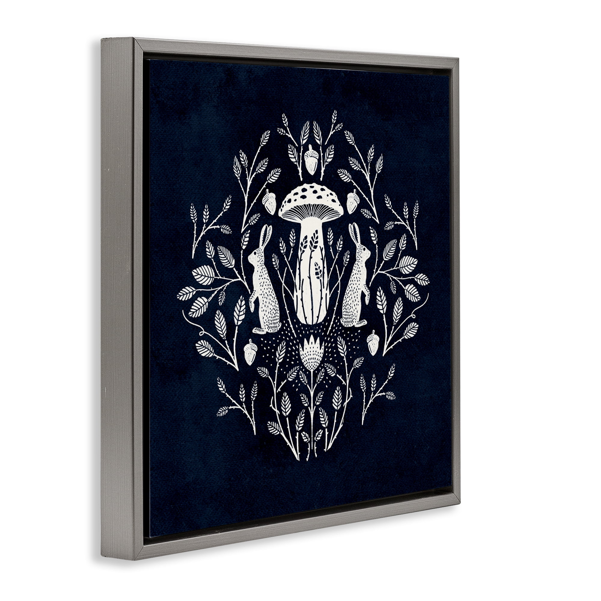 Stupell Industries Botanical Rabbits & Mushroom Plants & Flowers Painting Gray Floater Framed Canvas Art Print Wall Art, 18 x 18