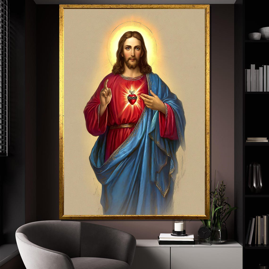 Sacred Heart Jesus Poster Red Blue Christian Wall Art Unframed Paper Print