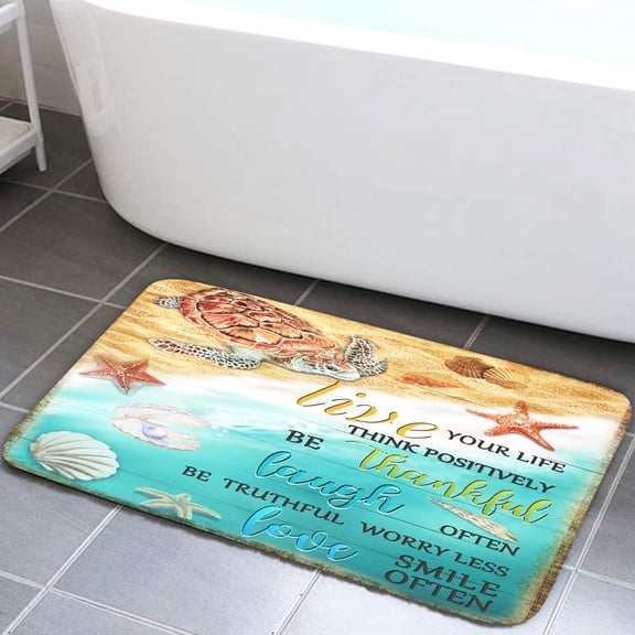 Beach Bath Rugs for Bathroom, Teal Sea Turtle Ocean Quotes Bathroom Rug Bath Mat Set Floor Mats, Coastal Ocean Nautical Rustic Vintage Doormat, Cute Kids Bath Mats, Tan Turquoise,17X29in