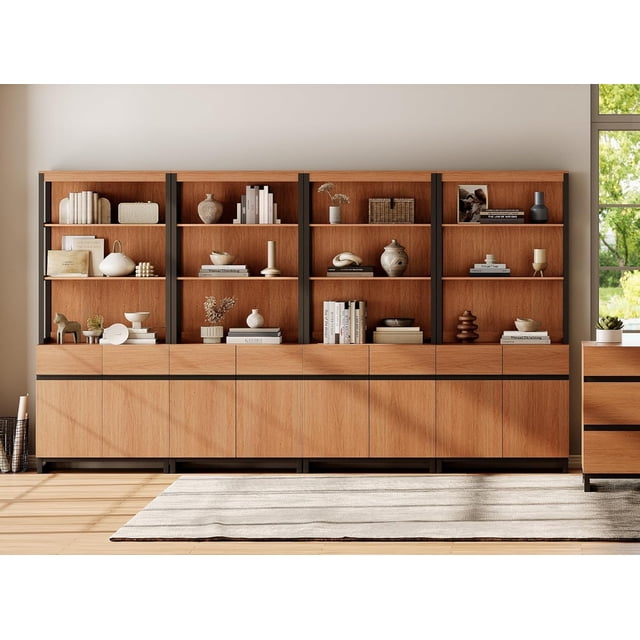 WAMPAT Modern Bookcases Set of 4, 72 Inch Tall Bookshelves with Storage Cabinet, Adjustable Shelves & Metal Frame, Home Office Library for Living Room, Mocha