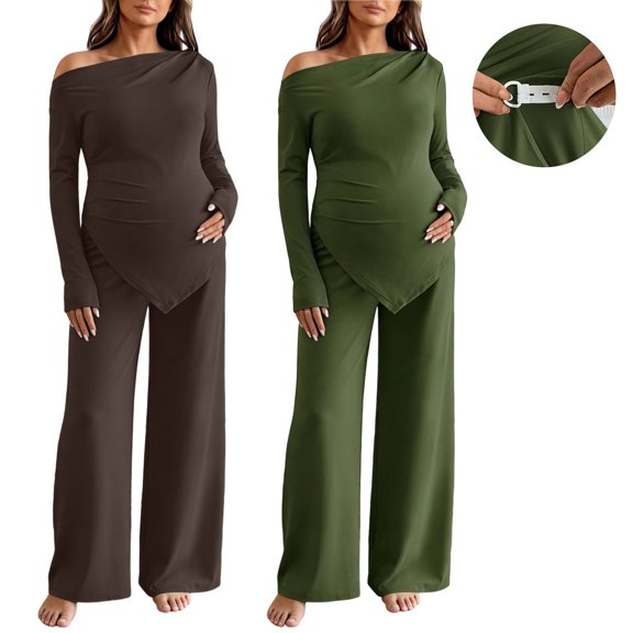 Jamicy Women's Maternity Clothes Solid Color 2 Piece Spring Outfits Off Shoulder Asymmetrical Top and Pants Matching Sets