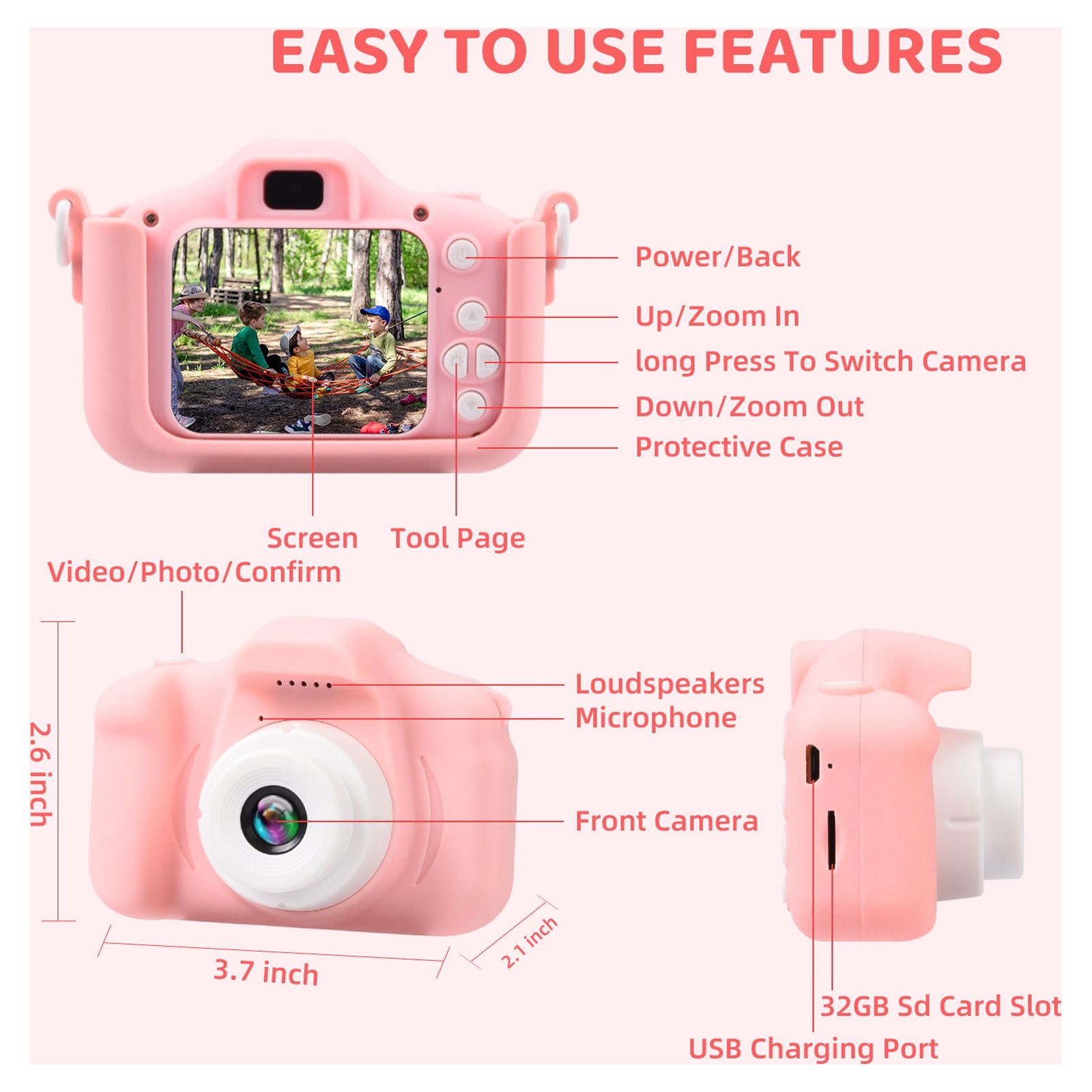 Wisairt Kids Digital Camera 1080P with 32GB SD Card, Pink photo 7