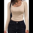 thumbnail image 1 of Camisas de Larga con Cuello Redondo para Mujer, Blusas Informales de Punto Acanalado de Corte Ajustado, Camisetas Básicas de Trabajo para Verano y Otoño. Caqui L, 1 of 9