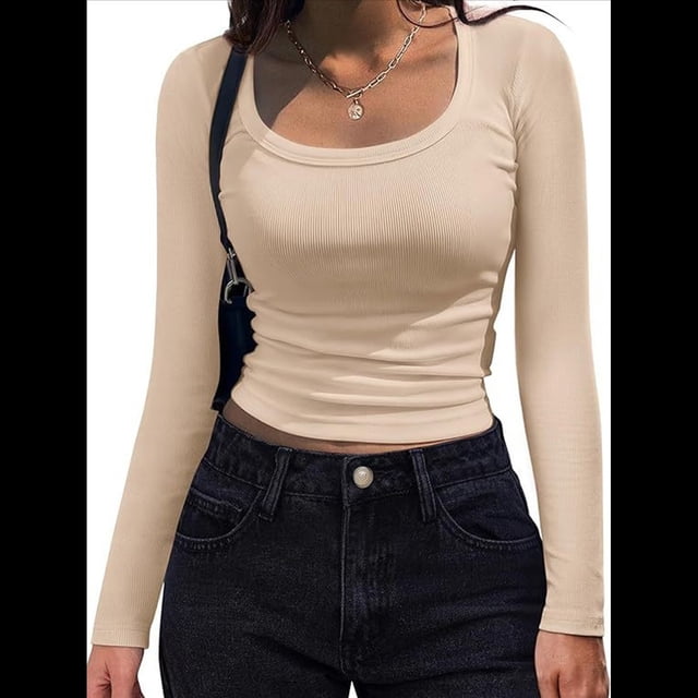 Camisas de Larga con Cuello Redondo para Mujer, Blusas Informales de Punto Acanalado de Corte Ajustado, Camisetas Básicas de Trabajo para Verano y Otoño. Caqui L