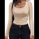 thumbnail image 1 of Camisas de Larga con Cuello Redondo para Mujer, Blusas Informales de Punto Acanalado de Corte Ajustado, Camisetas Básicas de Trabajo para Verano y Otoño. Caqui M, 1 of 9