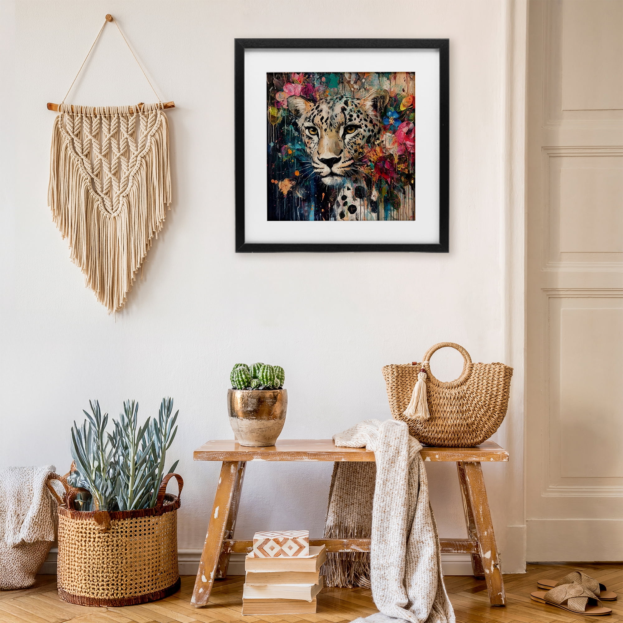 Stupell Industries Cheetah & Exotic Blooms Black Framed Print Under Glass, design by Marta Wiley