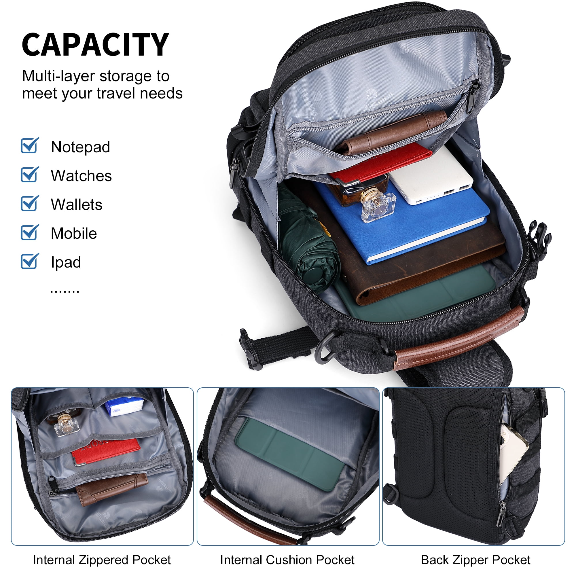 WITZMAN Sling Bag for Men Canvas Casual Chest Bag with USB Charging Port for Travel Daily Work(A8021 Black)