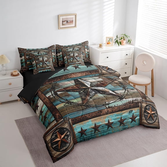 Teal West Texas Star 7 Pieces Bedding Set Queen Size Western Comforter Set with Sheets for Kids Boys Girls Decor Rustic Farmhouse Exotic Style Bed in a Bag Bedroom Decor