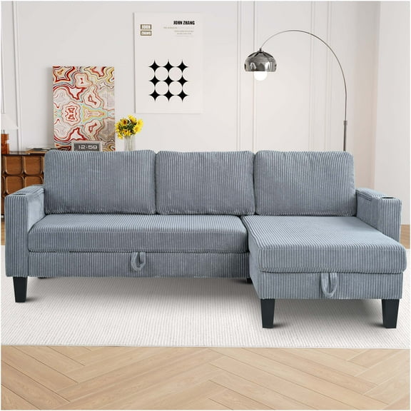 JERFIT Reversible L-Shaped Sectional Sofa Bed with Storage Chaise, USB Charging, Cup Holders, Modern Corduroy Convertible Sleeper Couch for Living Room, Apartment