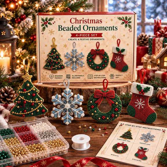 Christmas Pearl Art Ornament Kits DIY Christmas Beaded Ornament Kit 3D Crystal Bead Holiday Craft Handmade DIY Gem Craft for Tree Decor Christmas Themed Beadwork Kit