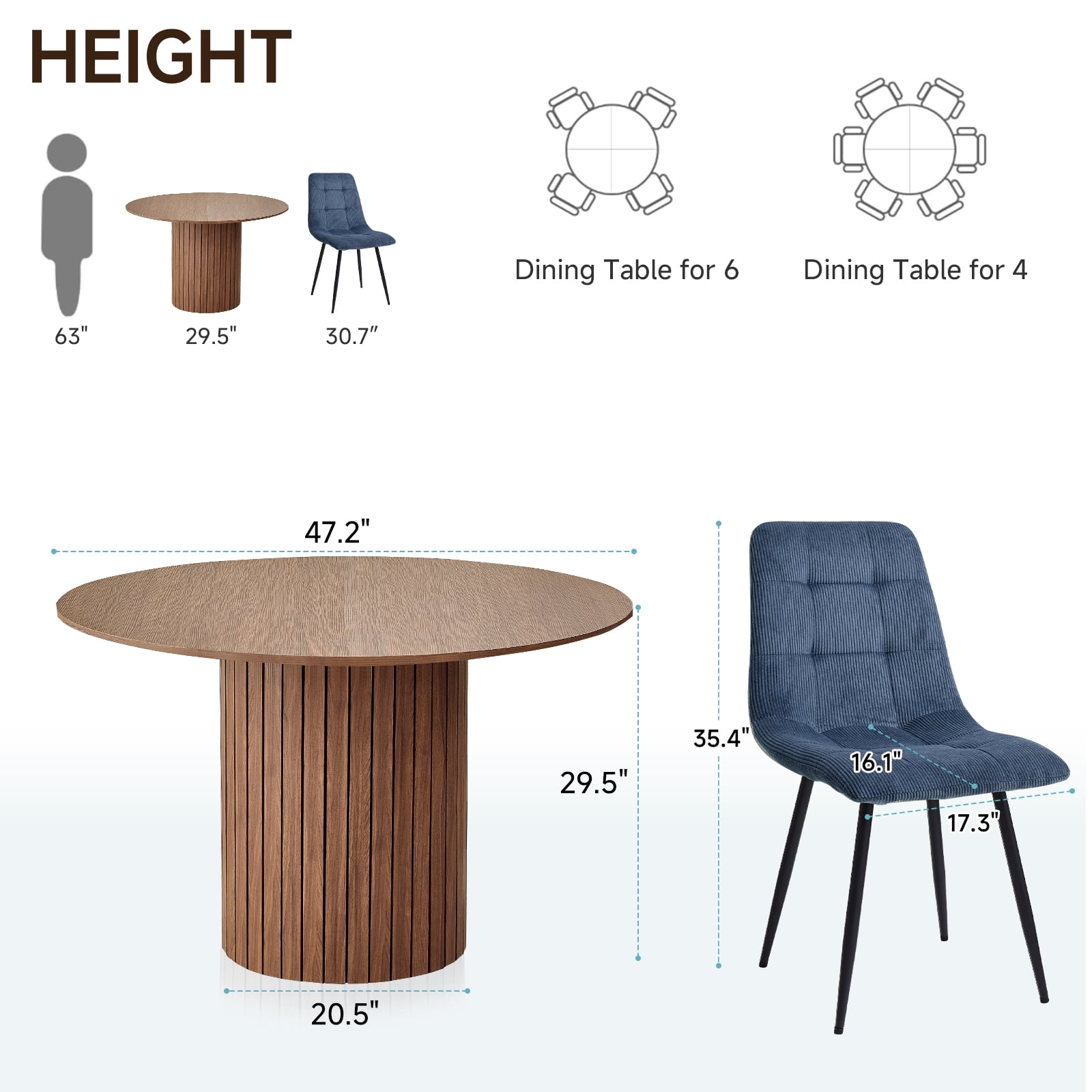 47" Round Dining Table Set of 4 Brown, Blue Corduroy Dining Chair Set of 4