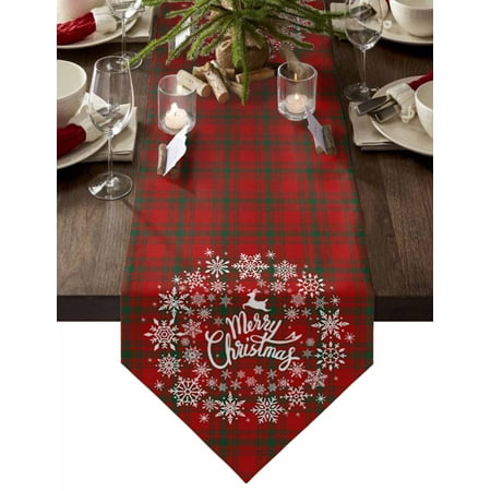 

Table Runner Dresser Scarves Winter Christmas Snowflake Reindeer Cotton Linen Burlap Table Cover Red and Green Tartan Check Table Runners for Family Kitchen Dining Holiday Party Banquet Decor