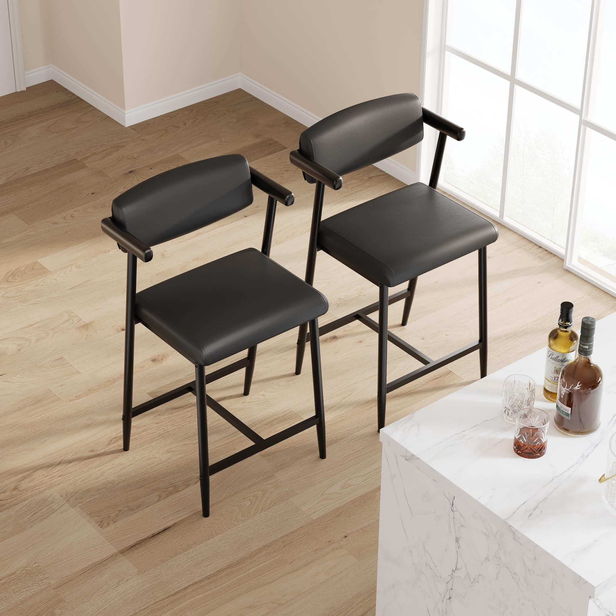 Modern Set of 4 Black Leather Counter Height Bar Stools with Arms & Back, Wide Upholstered Seat, Metal Frame & Footrest – Easy Assembly, Kitchen Island, 4pcs per Package, Black Leather