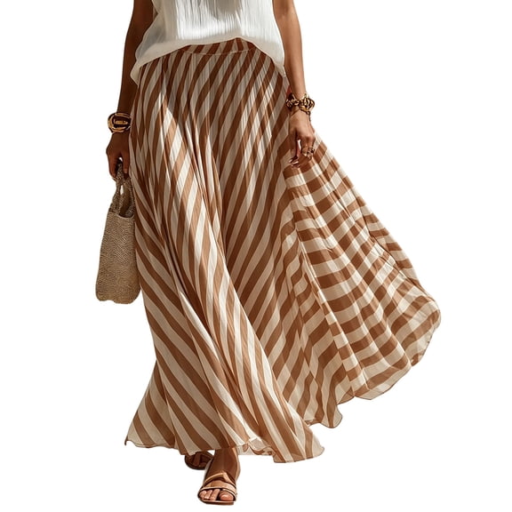 SPZTXS Womens High Waist Stripe Pleated Maxi Skirt Elegant Loose Flowy A Line Long Skirt for Beach Casual Vacation Wear