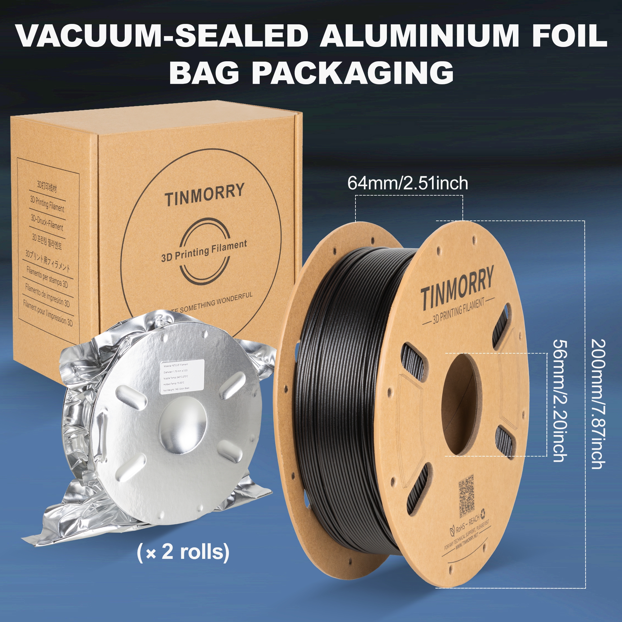 TINMORRY 2 Rolls Carbon Fiber PETG 3D Printer Filament, 1 KG 1 Spool, Black