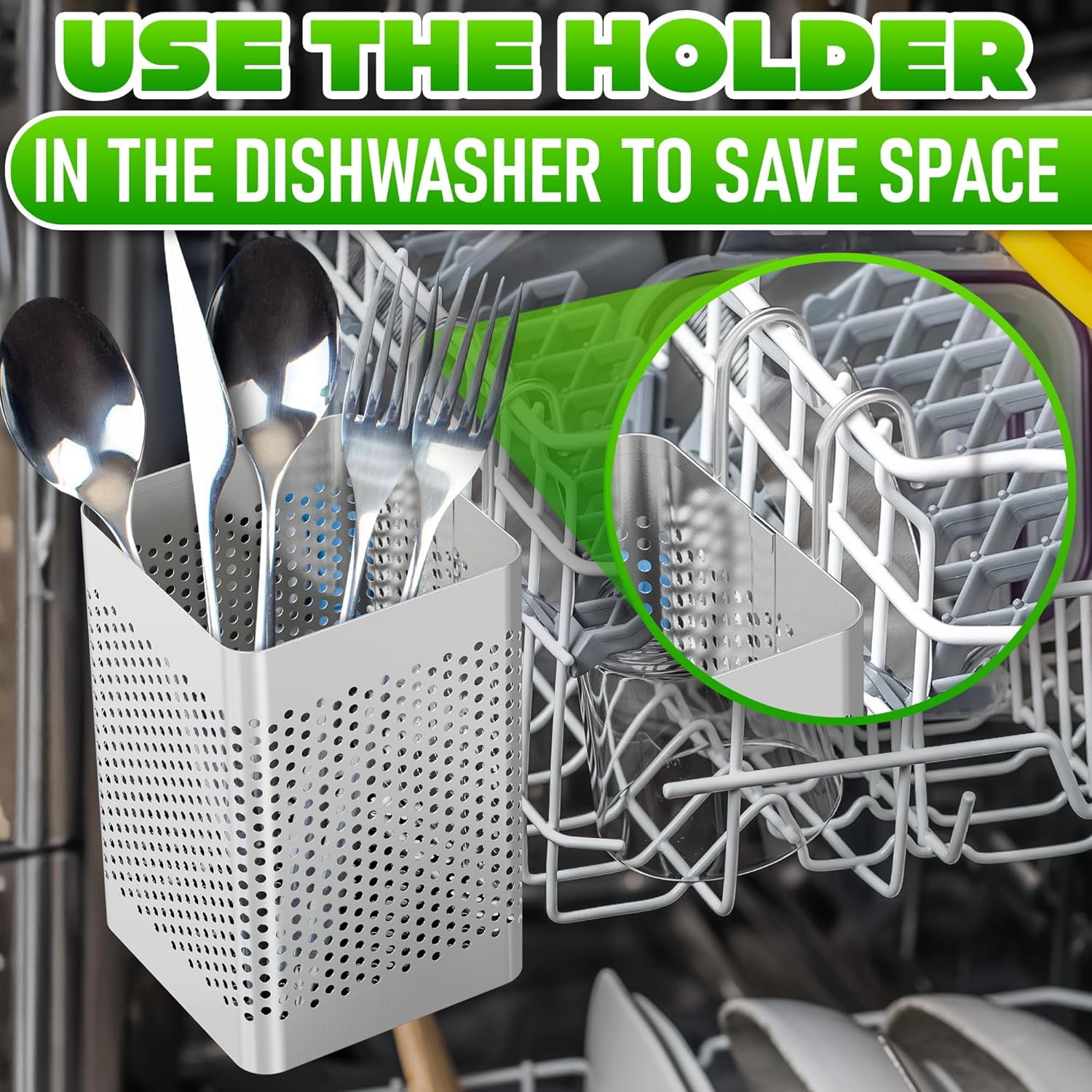 Dishwasher Chopstick Basket – 2.75" x 2.75" x 3.93" Stainless Steel Utensil Holder | Rust-Resistant Perforated Caddy with Hooks for Organizing Chopsticks, Straws, Teaspoons, and Small Kitchen Tools