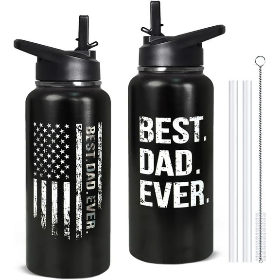 32oz Dad Water Bottle, Stainless Steel Insulated Tumbler with Straw & Lid - Leakproof Gym, Hiking, Sports Cup - Ideal Fathers Day Gift for Dad from Daughter or Son