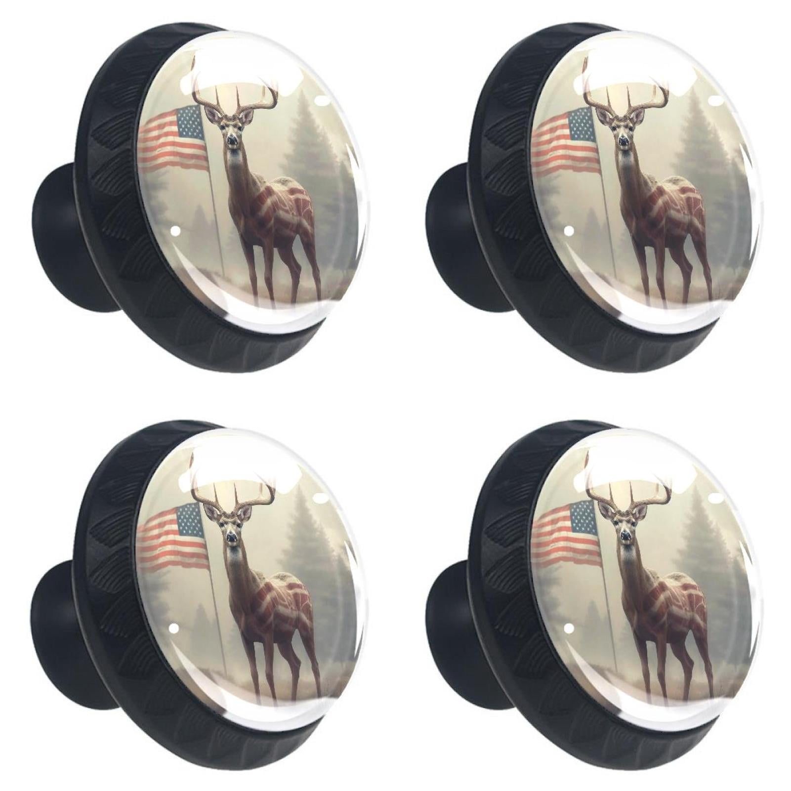 4 Pcs Deer and American Flag Knobs for Kitchen Cabinet Cupboard Dresser Bookcase Drawer Pulls Handles Round Home Decor