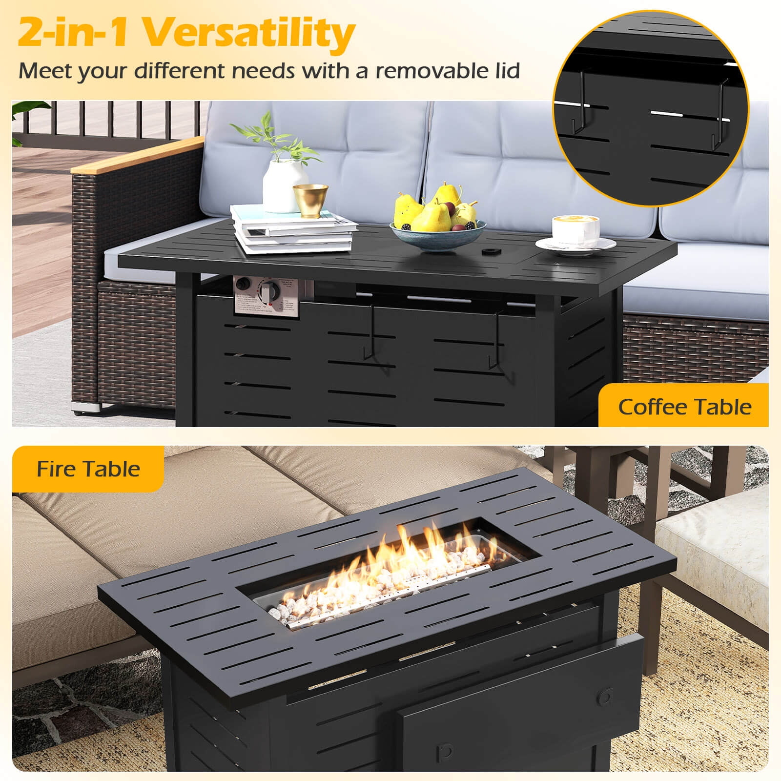 Costway 40-Inch Outdoor Propane Fire Pit with Lava Rocks Removable Lid & Protective Cover Black
