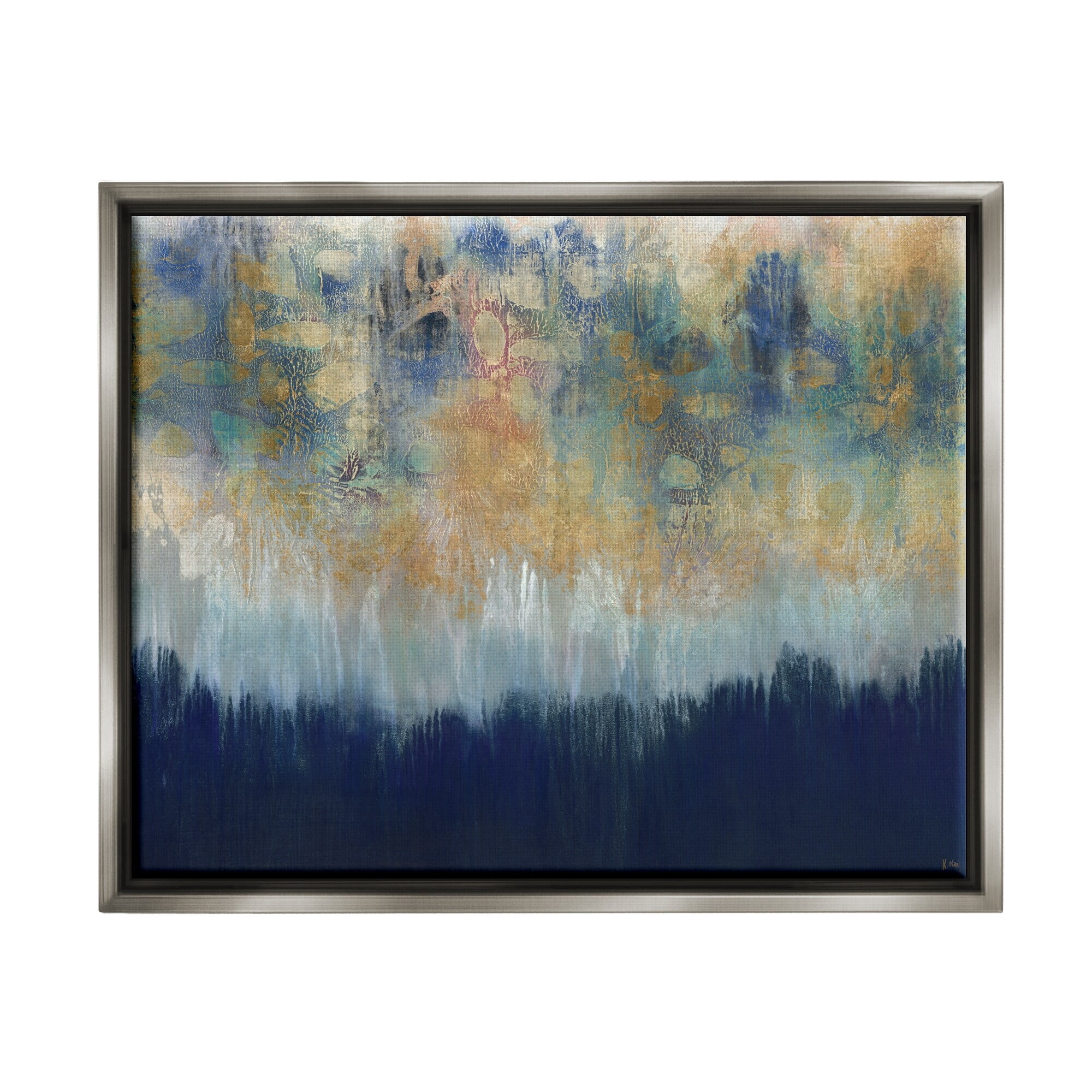 Stupell Industries Abstract Gold Blue Textured Surface Painting Luster Gray Framed Floating Canvas Wall Art, 16x20, by Third and Wall