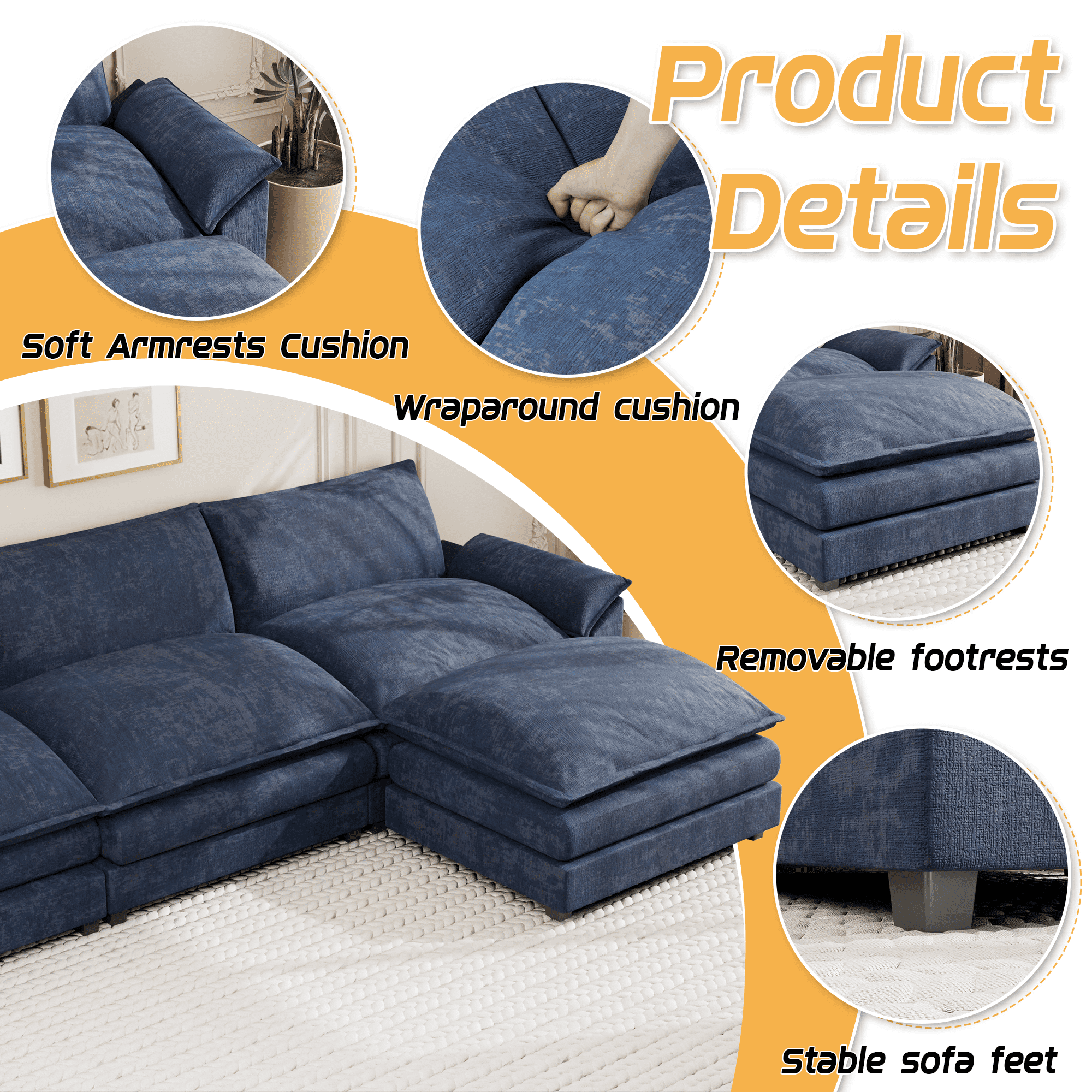 Homall U-Shape 4 Seat Cloud Couch Sectional Sofa with chaise lounge Convertible Sofa Set for Living Room, Blue
