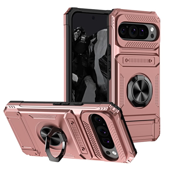 Sanwo for Google Pixel 9 / 9 Pro Case, Heavy Duty Shockproof TPU PC Protective Cover with Magnetic Kickstand and Card Holder, Rosegold