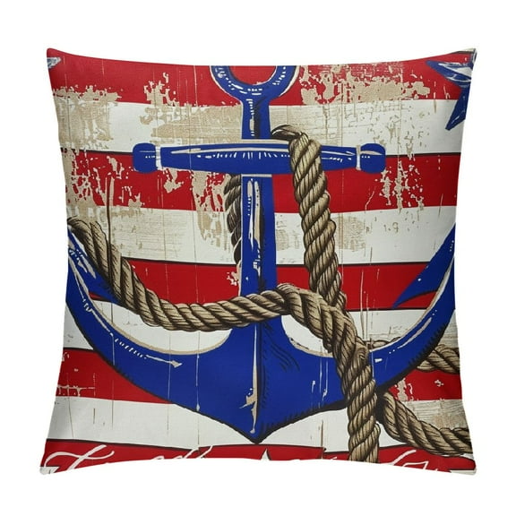 Navy Blue White Throw Pillow Covers , Red Nautical Anchor Pillow Covers, Geometric Striped Stars Cushion Covers, Coastal Sea Adventure Theme Decorative Pillow Covers Bedroom Decor