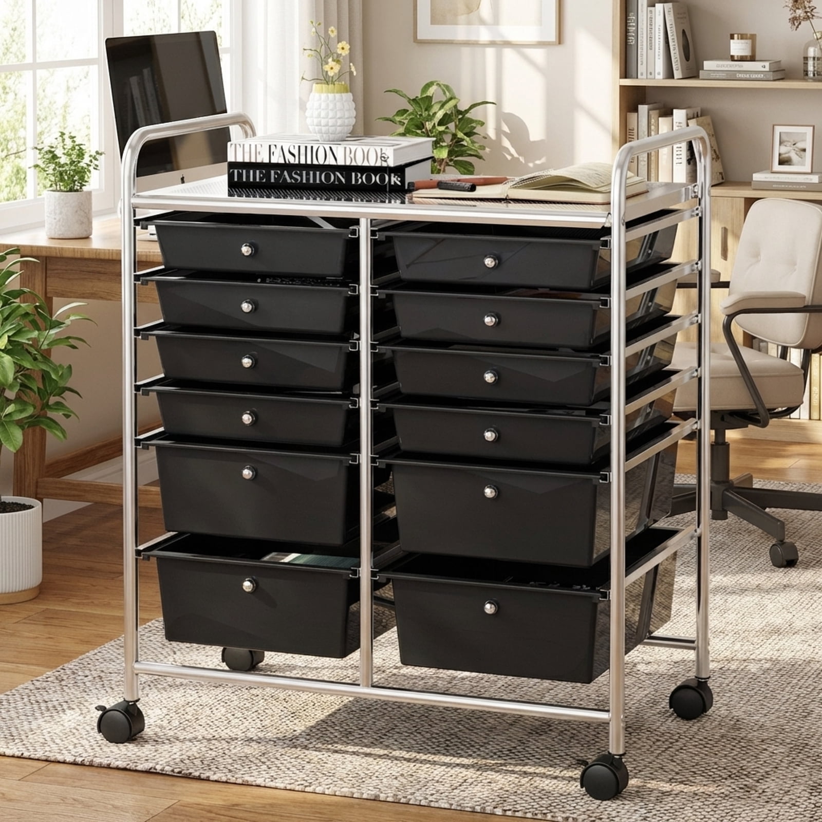 Furnibear 12-Drawer Rolling Storage Cart Removable Drawer Organizer with Locking Wheels for Office and Salon, Black