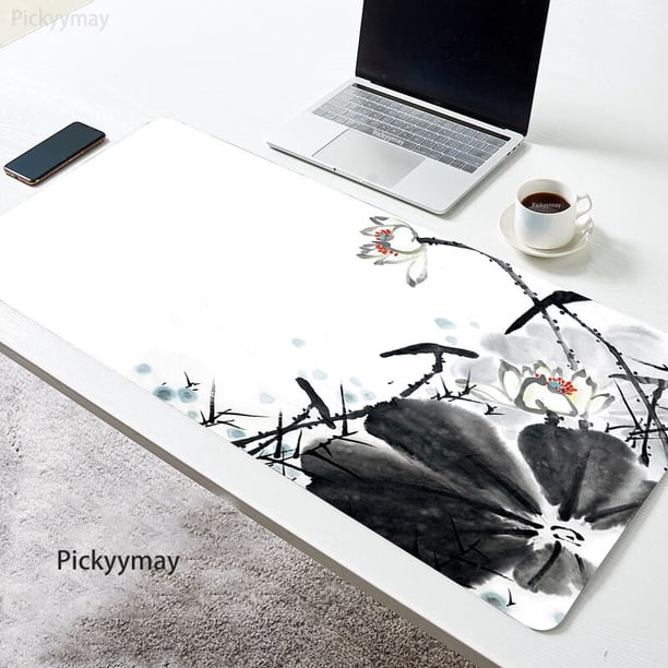 Alfombrilla de ratón grande para oficina, Alfombra de escritorio con pintura de tinta, flor de loto, accesorios de juego, alfombras de goma suave qiuyongming unisex