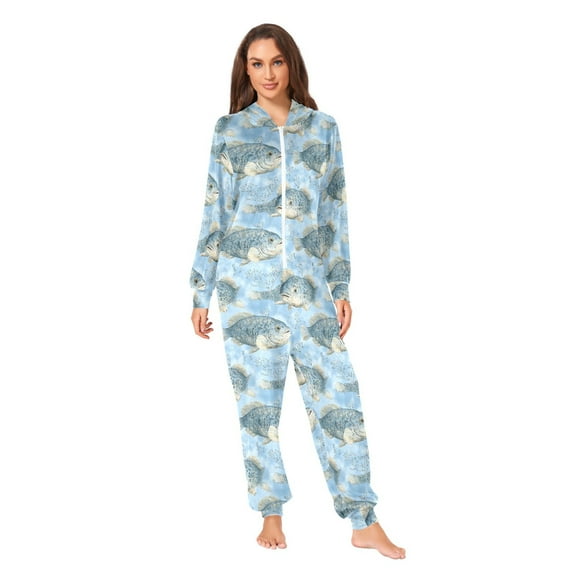 Gray Fish Pattern Adult onesie Pajamas, Crystal Velvet Ultra Soft Warm Jumpsuit for Men and Women