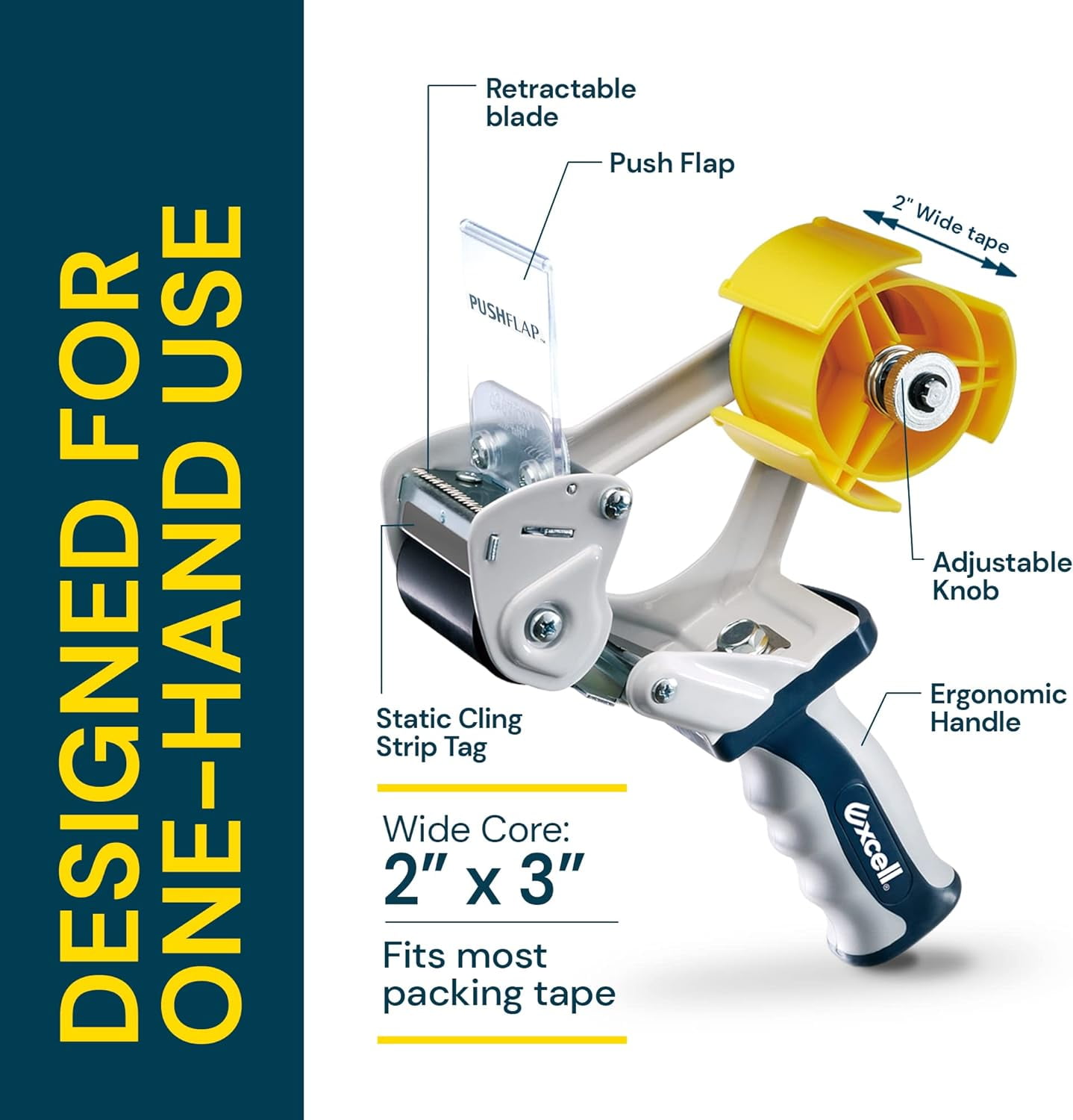 Excell PUSHFLAP 2-Inch Packing Tape Dispenser with 2 Rolls – Tape Gun for Box Sealing, Carton Sealing, and Packaging