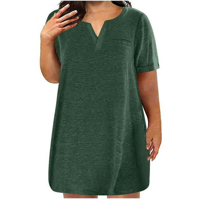 QIPOPIQ Robes pour Femmes Grande Taille Manches Courtes Robe T-Shirt Ajustée Col en V Robe T-Shirt Décontractée Évasée avec Poches Liquidation