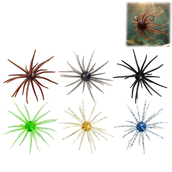 Sea Urchin Bait, 4.33 Inch TPE Soft Bait for Bass Fishing, Flashing Red & Brown Soft Lures for Freshwater Saltwater (Mix, 6Pack)
