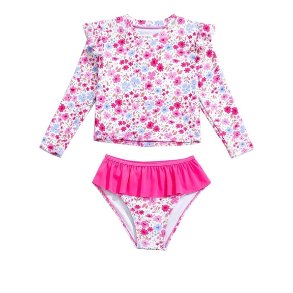 HWJAD 2-Piece Rash Guard Sets for Toddler Kids Little Girls Long Sleeve Swimsuit with UPF 50 Sun Protection