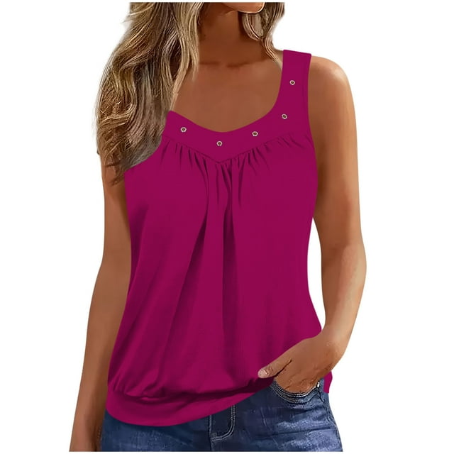 FAVIPT Oversized Loose Tank Tops for Women Ruched V Neck Ring Hole Solid Tees Stretchy Summer Tunic Tees 2026 Watermelon Red,L