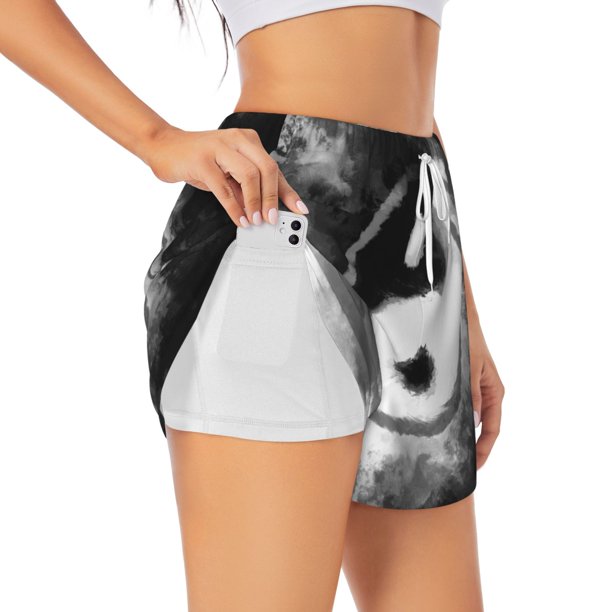 Balery Yin And Yang Pantalones cortos deportivos para mujer con forro y dos bolsillos, elásticos, para entrenamiento, gimnasio, yoga-Large